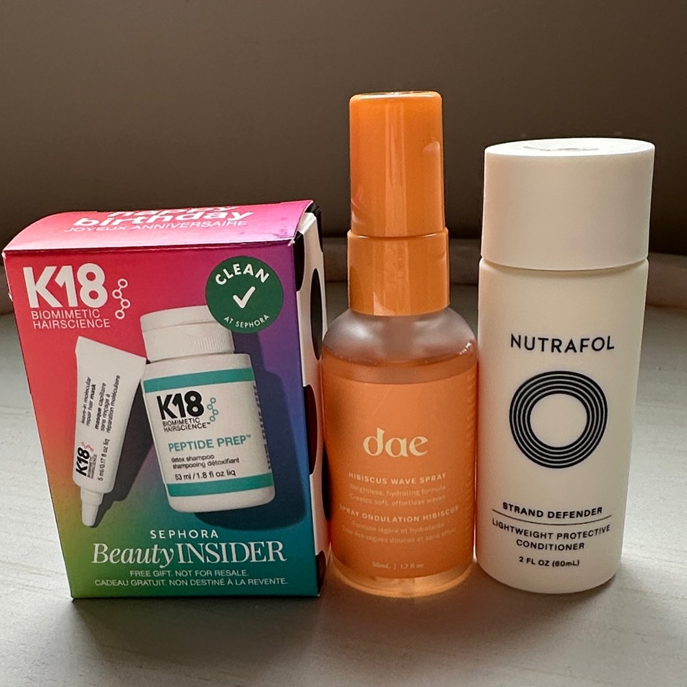 Dae Wave Spray, Nutrafol Conditioner, K18 Detox Shampoo & Repair Mask Minis